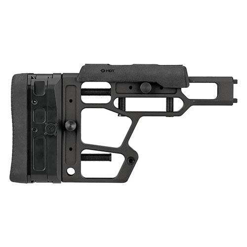 Der MDT SRS-X Elite Buttstock bietet werkzeuglose Schnellverstellung, einen bequemen Neopren-Schaft und ist CNC-gefräst aus robustem 6061-T6 Aluminium.